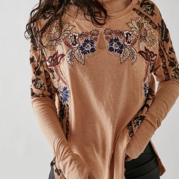 Free People Tops - Free People Tan Embroidered Long Sleeve Top